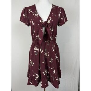 CAGE Floral Mini Dress Women's front tie Small Burgundy Ruffle Hem Spring Flower